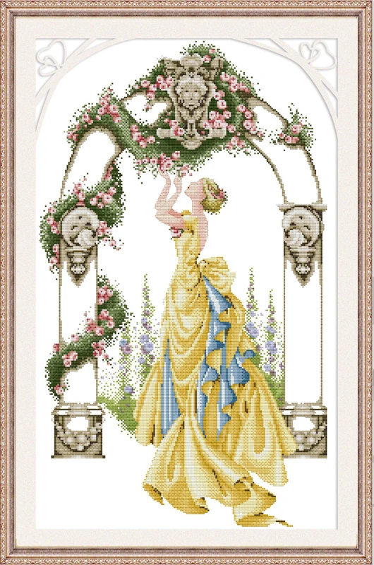 

Rose in gate and courtyard cross stitch kit people 18ct 14ct 11ct count print canvas stitches embroidery DIY handmade needlework