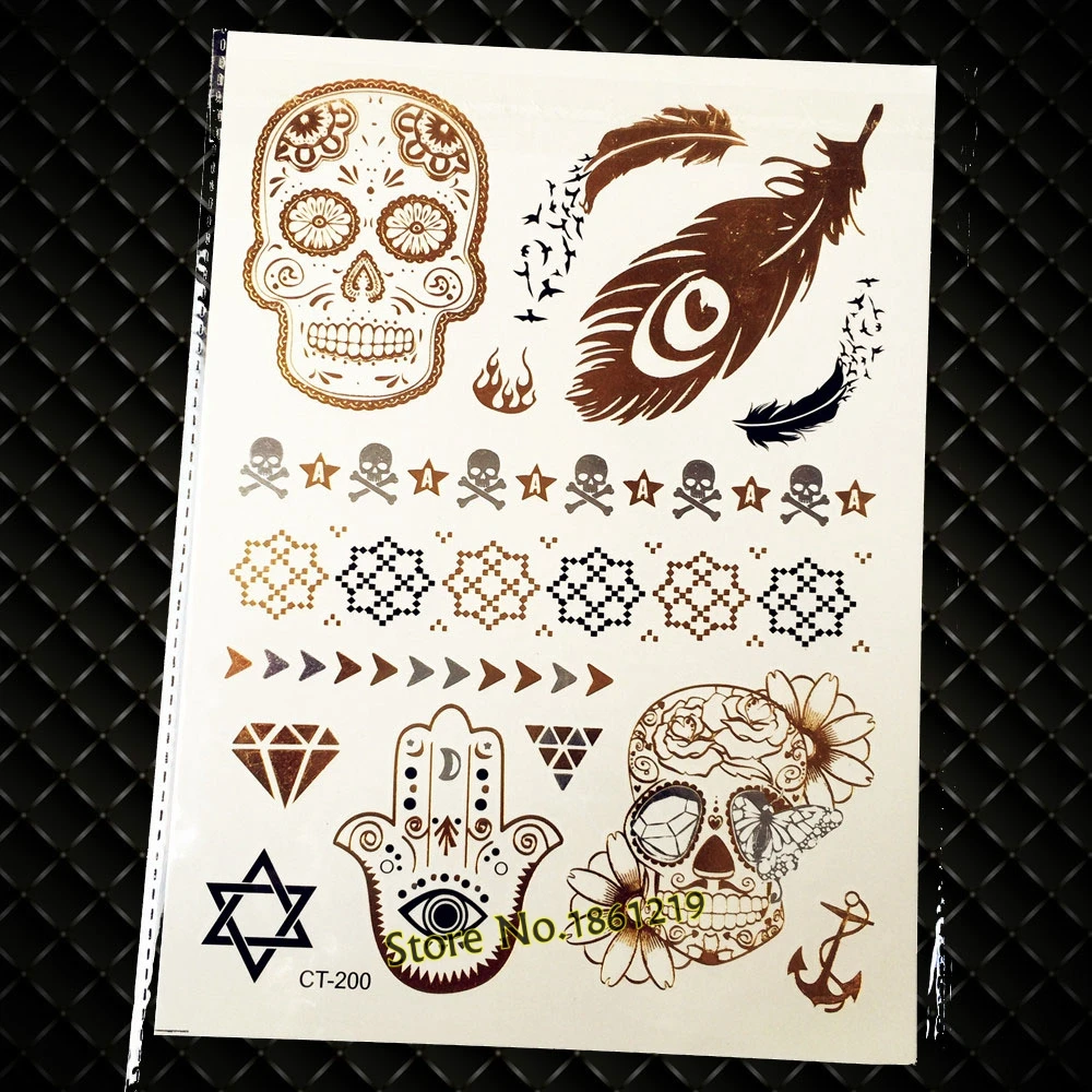 25 стилей Новый Золотой металлический череп хна водостойкая временная татуировка