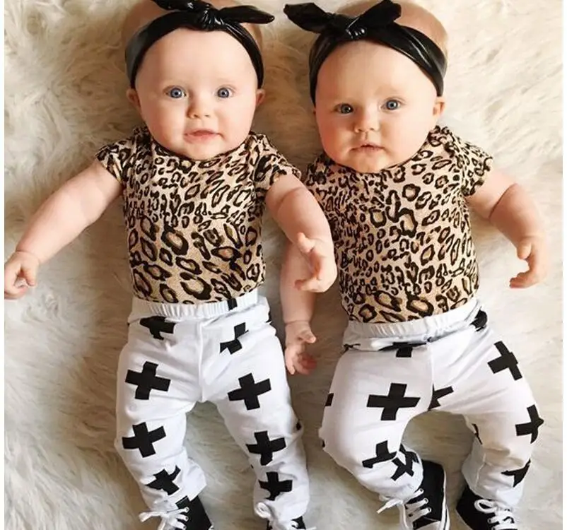 4sets/lot Autumn Baby Kids Set Leopard Cross T Shirt Pant Twinset Short Sleeve Children Clothing girl Sets 3-24M sylvia sis | Детская