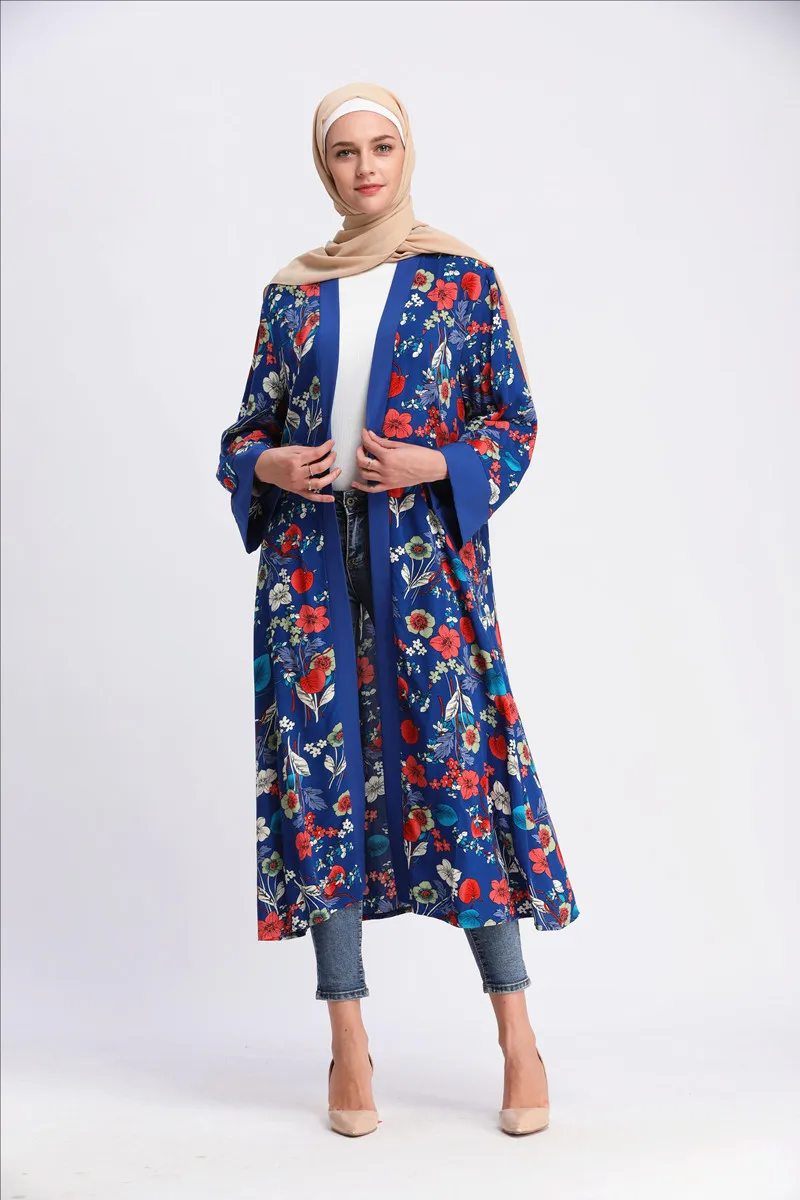 

Blue print front open Muslim women short abaya with belt pocket
