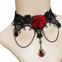 handmade womens red flower rose beads drop black lace choker short necklace statement lolita gothic vintage ball party cosplay