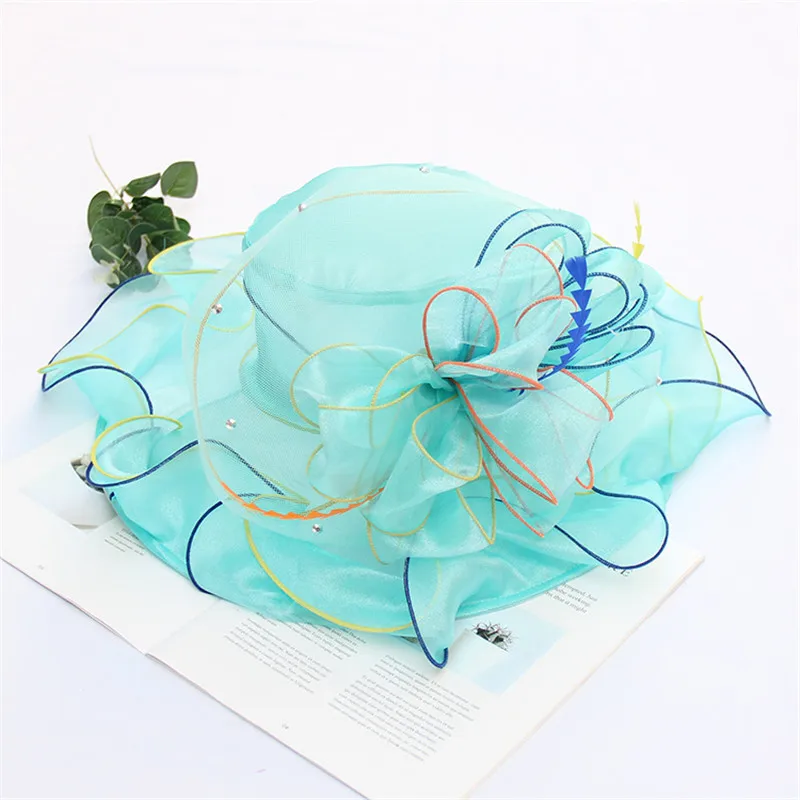 Light Blue Mingli Tengda Новинка года складной для женщин шляпа Свадебные Элегантные органзы Свадебные шляпы с цветком летняя пляжная шляпа chapeaux mariage - Цвет: Light Blue