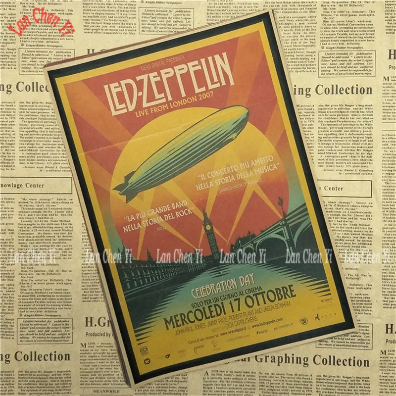 Небесно-голубой Led Zeppelin Рок-Группа Музыка крафт-бумага плакат Винтаж Высокое качество печати рисунок ядро декоративная живопись - Цвет: Небесно-голубой