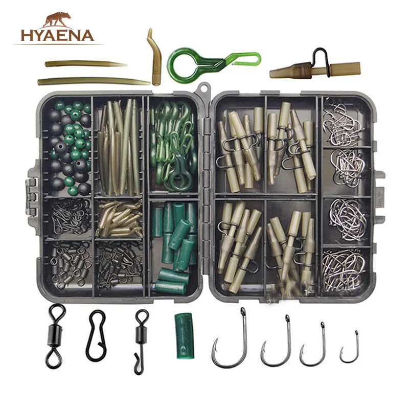 

Hyaena 160pcs/lot Carp Fishing Tackle Box Lead Clips/Beads/Anti-tangle sleeves/Rolling Swivels BaitsTerminal Rigs With 8340 Hook