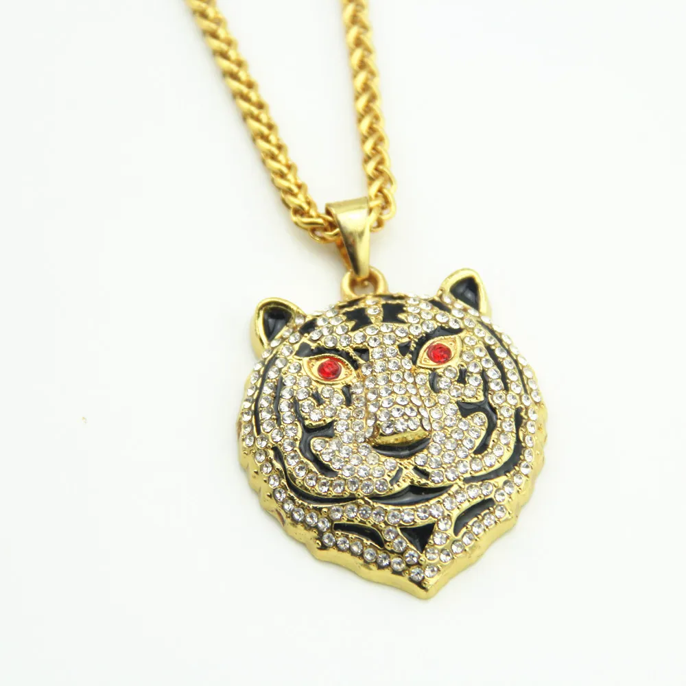Мода хип хоп ювелирных изделий Bling голова тигра кулон Цепочки и ожерелья