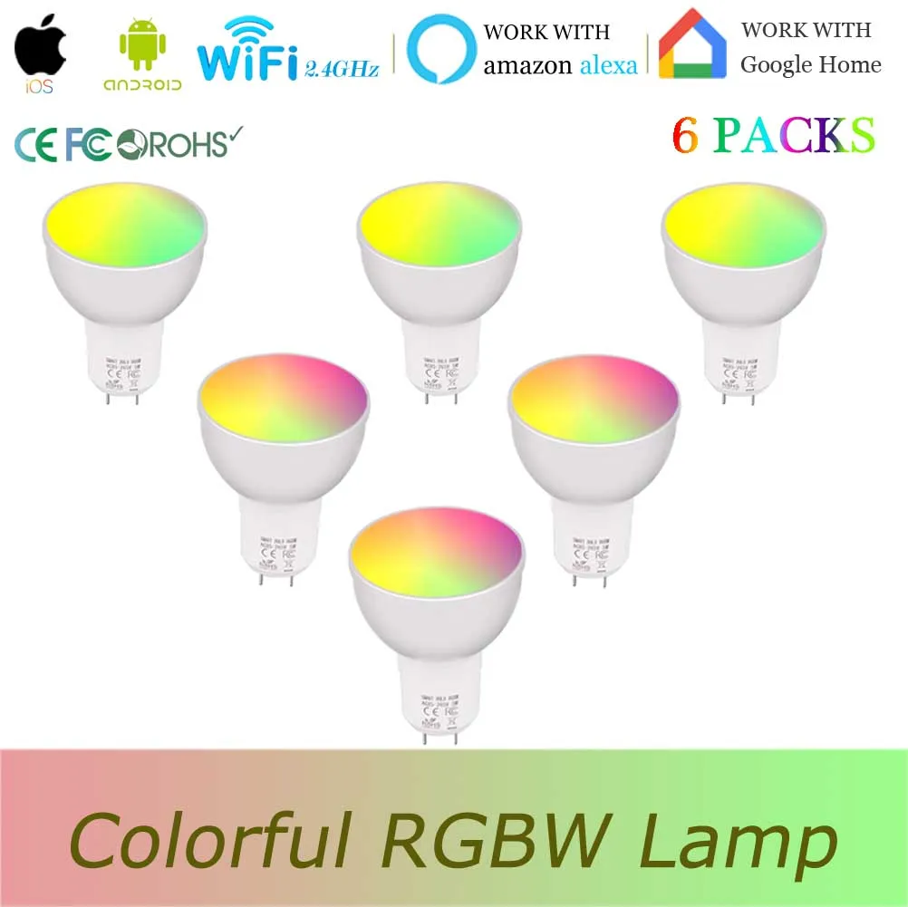 WiFi умная лампа GU5.3 5 Вт RGBW светодиодная эквивалент 50 работает с Alexa Google Home (6 шт. в
