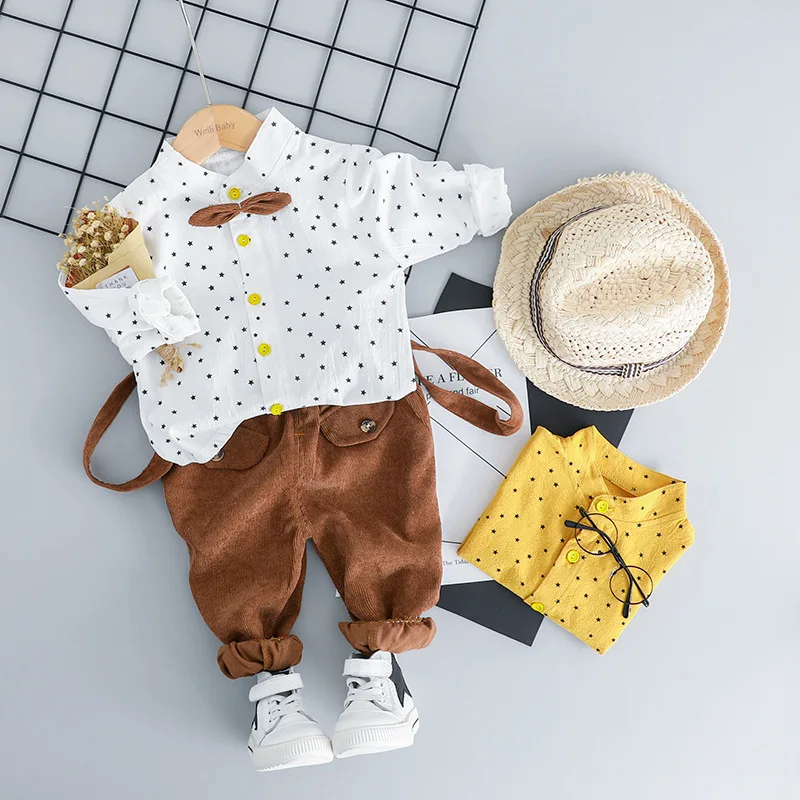 Autumn New Cotton Shirt Backband Boy Suite Baby Long Sleeved Collar Two-piece Set |