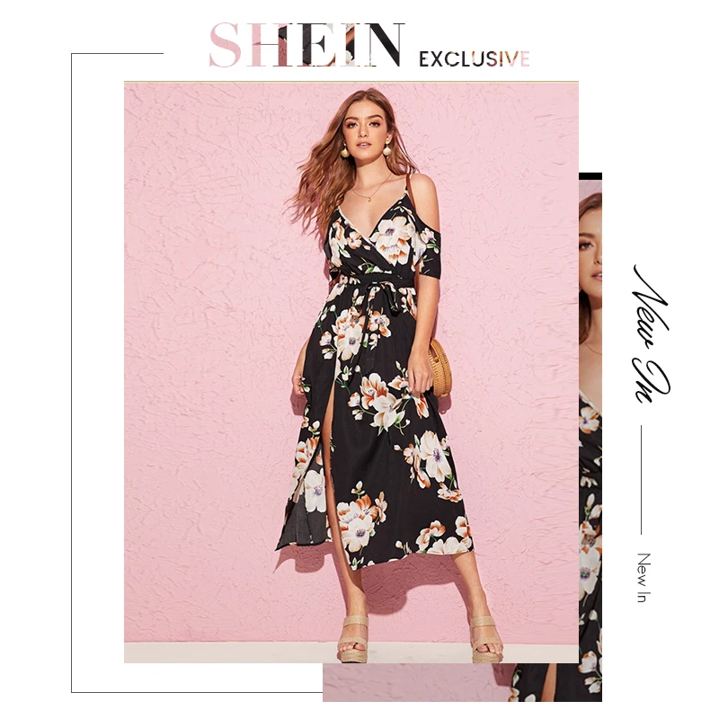 SHEIN, v-образный вырез, цветочный принт, с поясом, с разрезом, до бедра, с запахом, спереди, праздничное платье, женское, летнее, бохо, Пляжное, ТРАПЕЦИЕВИДНОЕ, с высокой талией, длинное платье