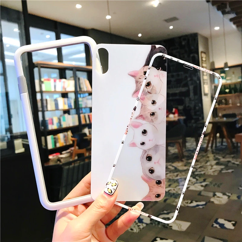 For iPhone XS max soft bumper + Kitty Tempered Glass Screen film ( Front &ampBack ) frame for X XR cartoon glass flim |