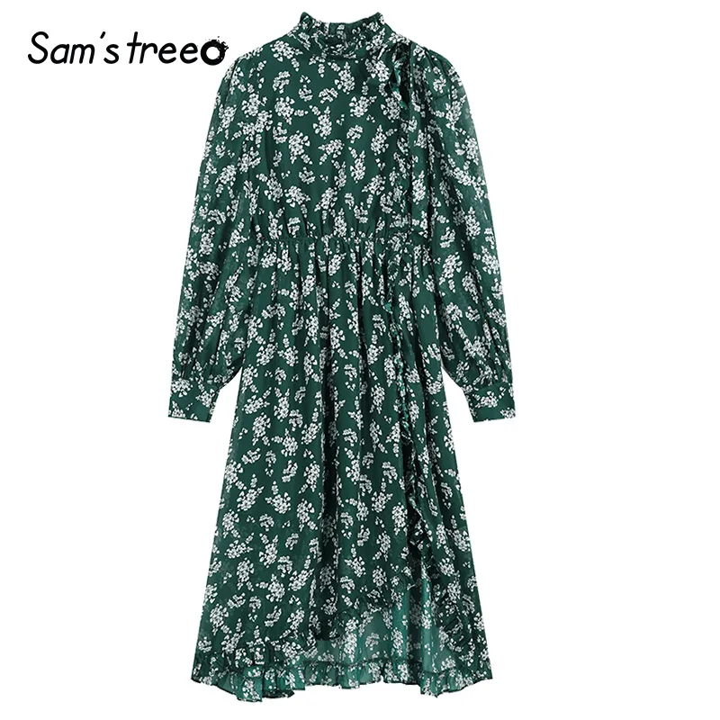 Green Samstree, винтажное, элегантное, с цветочным принтом, бохо, платье для женщин, осень, модное, зеленое, а-силуэт, с длинным рукавом, женские праздничные платья - Цвет: Green
