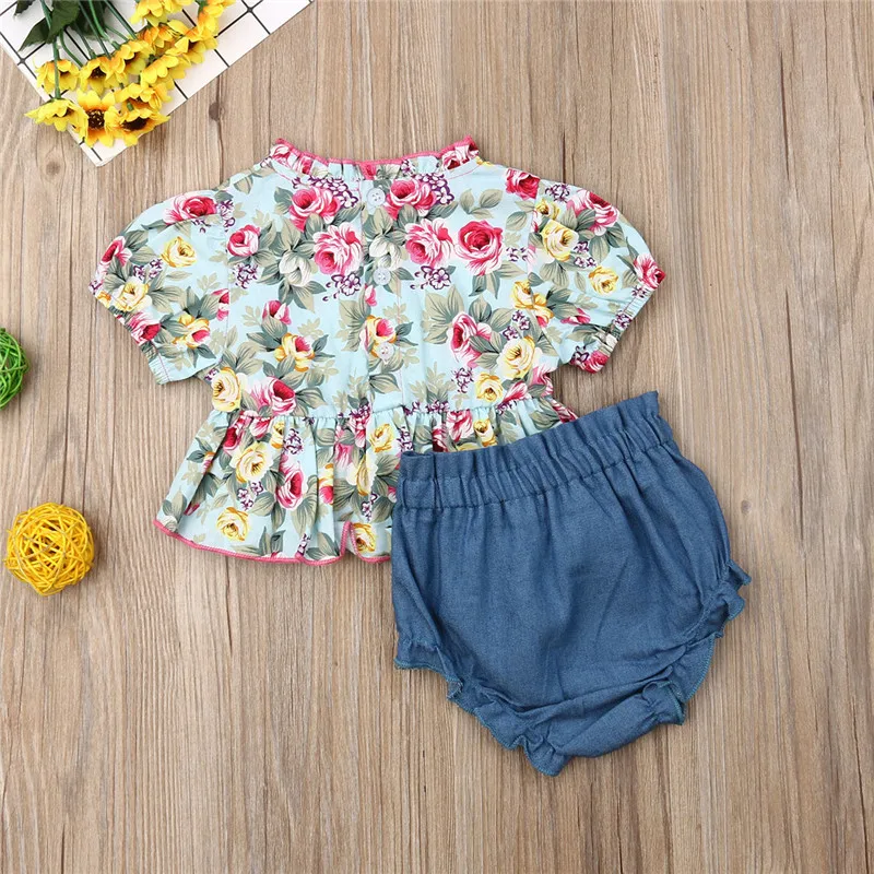 Платье топ с оборками и цветочным рисунком для новорожденных девочек джинсовые