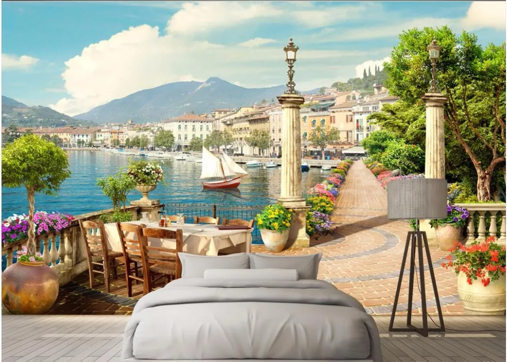 3d обои на заказ фотообои сад балкон город Вид озеро Картина декор комнаты