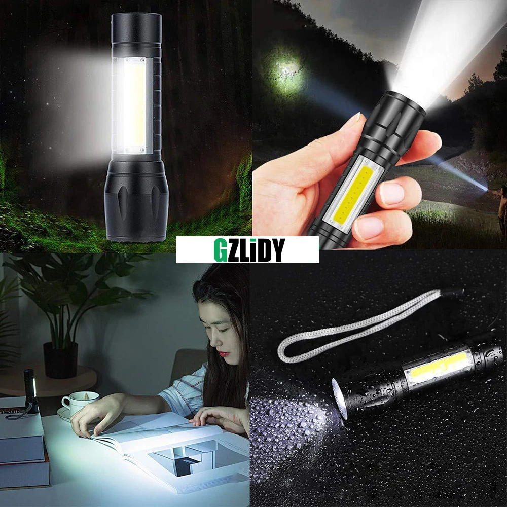 

USB Rechargeable Mini LED Flashlight 3 Lighting Mode COB + XPE Zoom Torch Waterproof Portable for Camping, Cycling, Work, Etc.