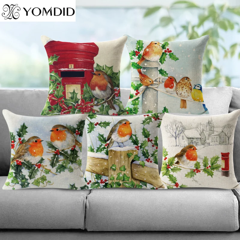 

Winter Bird series Cushion Cover Christmas Snow Pillowcase Cotton Linen Pillows Case decorative Cushion Covers Home decor 45cm