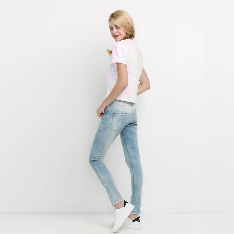 Футболка HDY Haoduoyi женская летняя с коротким рукавом расшитая блестками|fashion tees|t-shirt