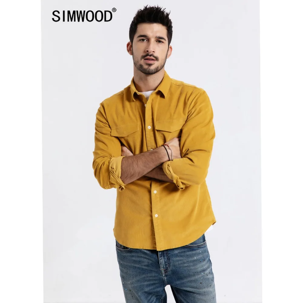 Мужская вельветовая рубашка SIMWOOD повседневная приталенная из хлопка с длинными