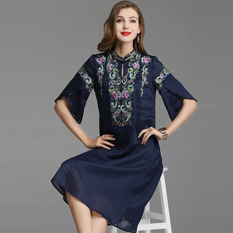 Женское льняное платье с вышивкой в китайском стиле|Женские платья| |
