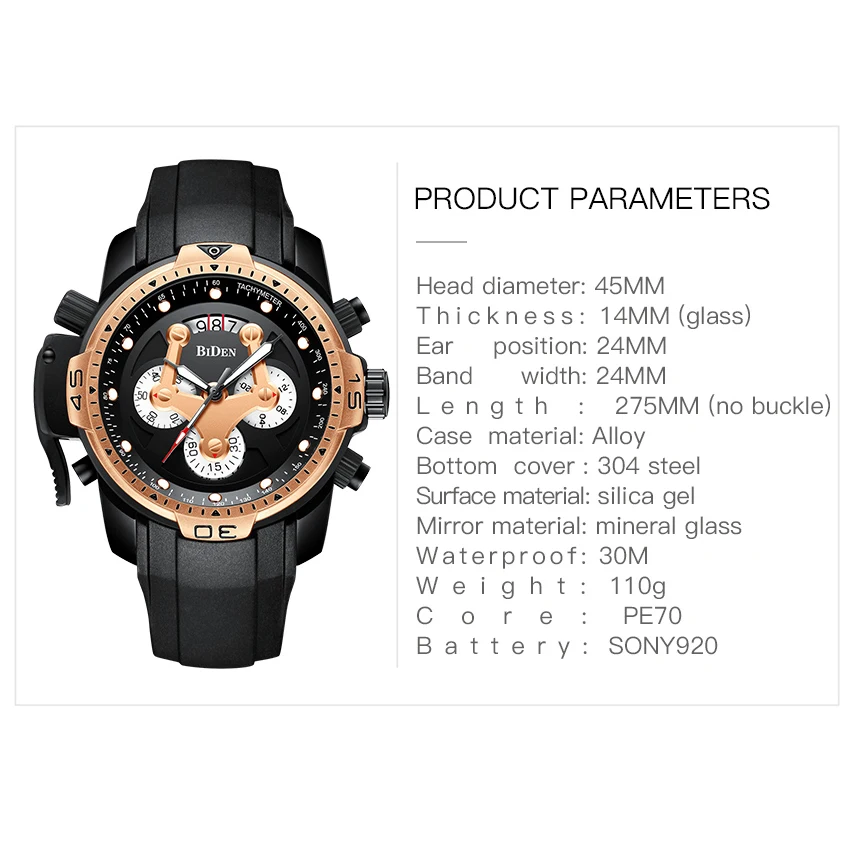 Мужские водонепроницаемые кварцевые часы BIDEN повседневные деловые наручные с