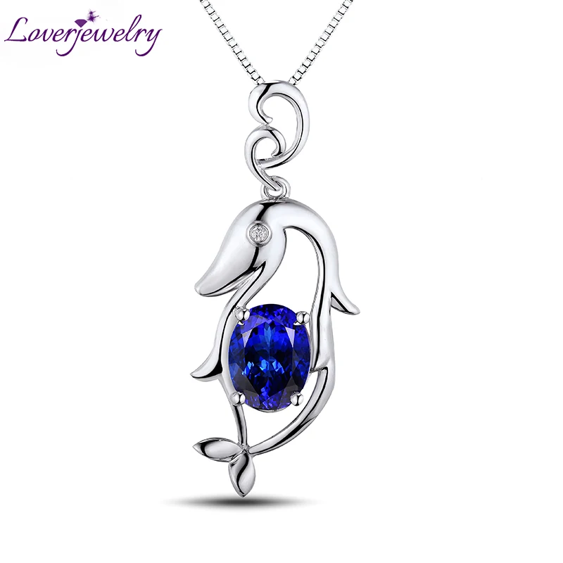 

LOVERJEWELRY Dolphin Pendants Oval 7x9mm Solid 18Kt White Gold Diamonds Tanzanite Pendant For Women Birthday Cute Jewelry Gifts