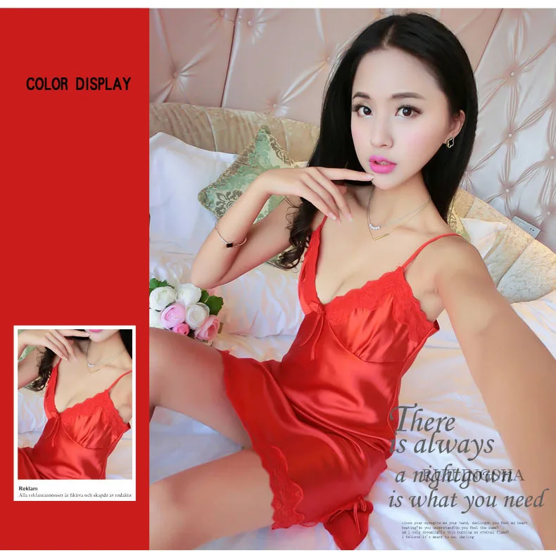 Women Short Sexy Lace Nightwear Satin Silk Sleepwear Spaghetti Strap Sleepshirts Pink Nightdress Lingerie Night Wear Dress Gown