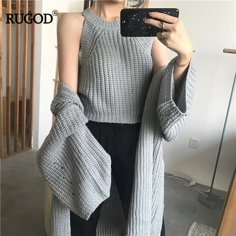 RUGOD корейский комплект из 2 предметов, короткий однотонный сексуальный жилет без рукавов и шикарный кардиган с расклешенными рукавами, свитер с открытой строчкой