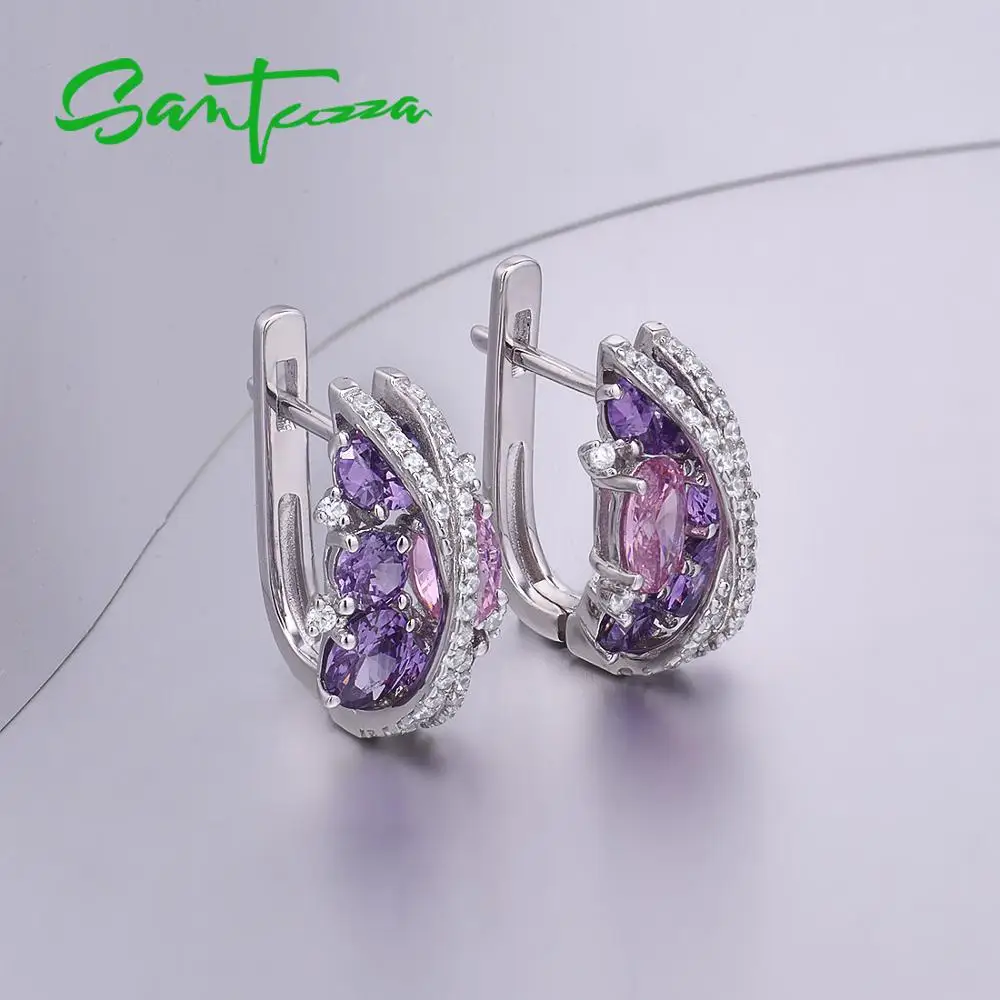 SANTUZZA, серебро 925, набор украшений для женщин, Сверкающий Фиолетовый аметист, розовый кубический цирконий, серьги, набор колец, роскошные ювелирные изделия