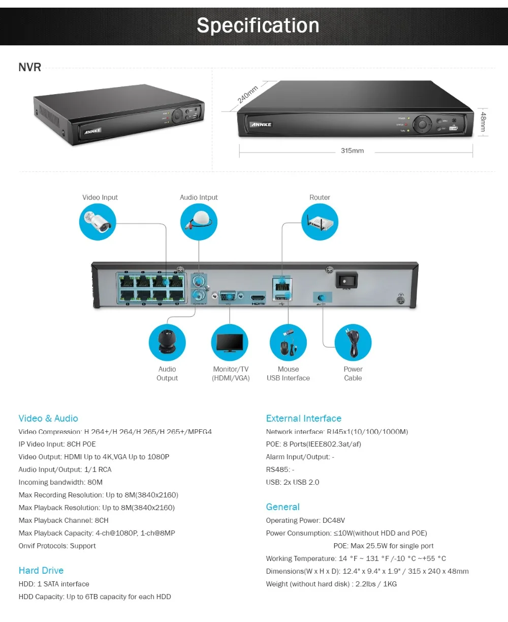 ANNKE 8CH 1080P POE NVR система безопасности 4K NVR с 8 шт 4 мм 2 МП Всепогодная ИК камера ночного видения H.264 комплект наблюдения