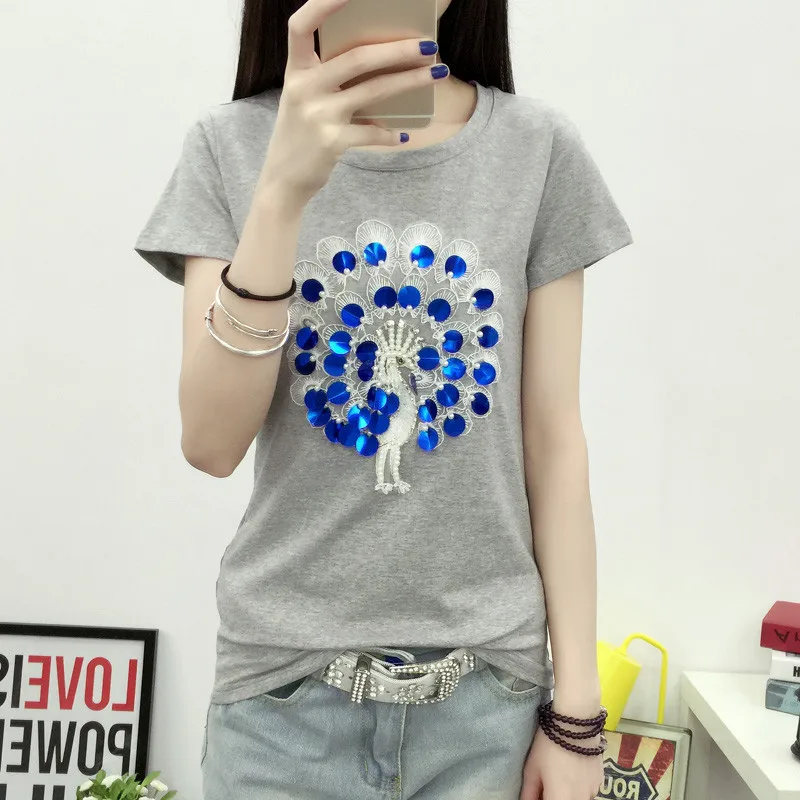 Модная женская футболка с павлином и блестками 2020 европейские летние тонкие