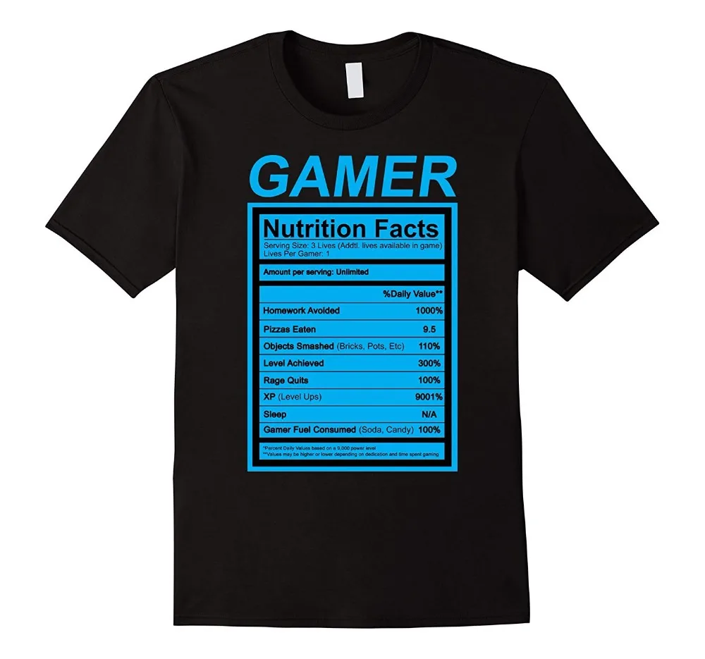 

Gamer Nutrition Facts Blue Label Funny Graphic Mens T Shirts Fashion 2019 Rude Top Tee Round Neck Printing Shirt