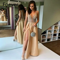 sexy champagne side split evening dresses deep v neck backless beading evening party dress floor length custom made evening gown