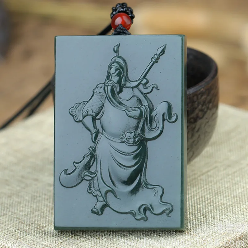 

Natural Dark Green Stone Pendant Guan YU Duke Guan Wealth God Pendant Necklace Men Women Stone Jewelry Free Rope