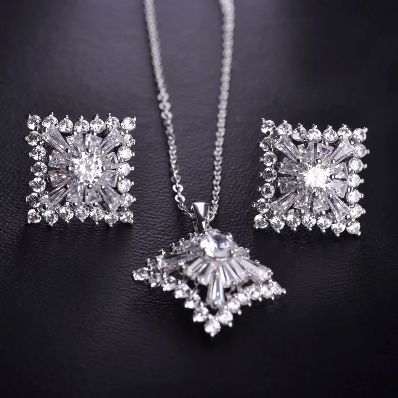 Роскошные Циркон Медный Квадрат Ювелирные Наборы Ожерелье и Серьги Женщины 18 К Oro