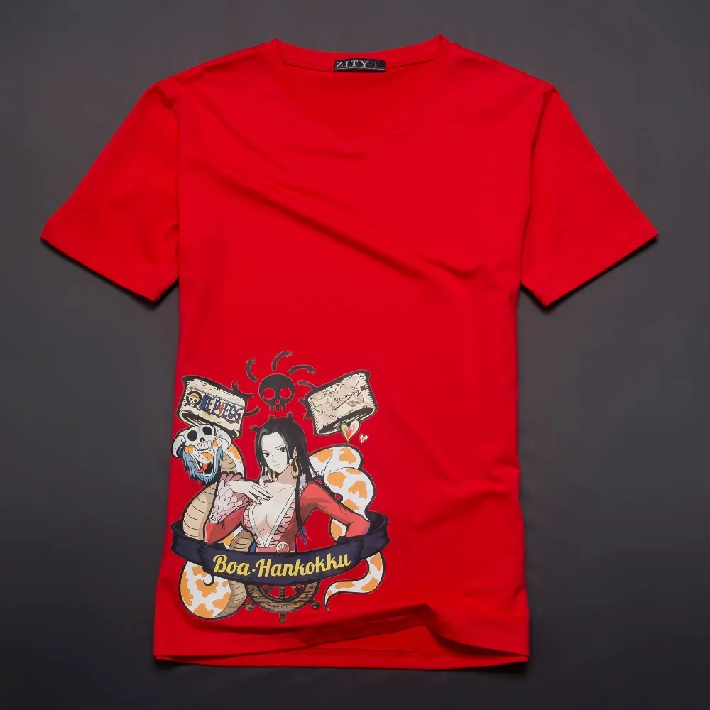 short sleeve Red casual design cotton t-shirt v-neck men and women One Piece Zero Boa Hancock/Hankokku with Snake Anime Action | Женская