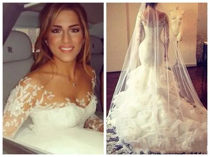 Кружевное свадебное платье с юбкой годе длинным рукавом V образным вырезом