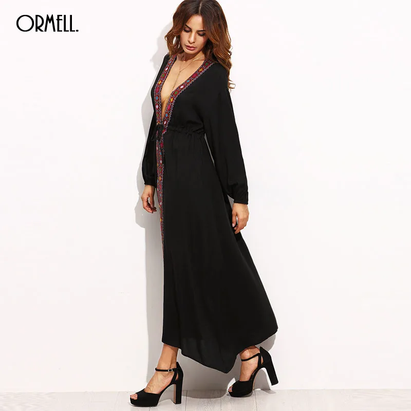 ORMELL Дамы Черная Урожай Племенной Вышивка Платья Макси Осень Пляж 2016 Женщин Boho