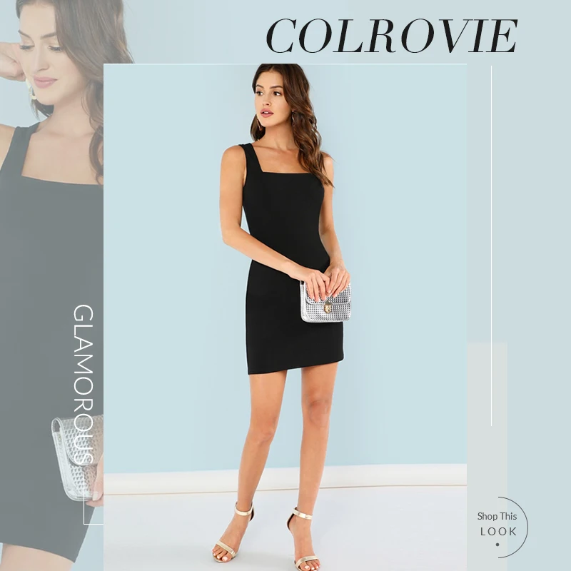 COLROVIE, черное однотонное облегающее платье с замочной скважиной на спине, элегантное короткое платье для женщин,, летние без рукавов с бретельками, сарафан, сексуальные платья для вечеринок