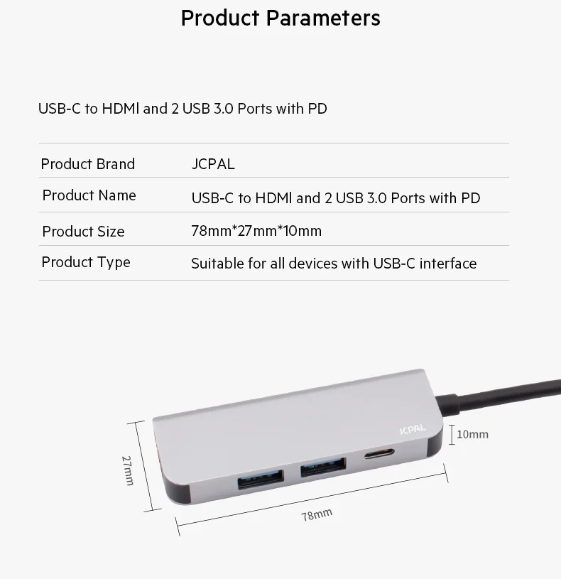 JCPAL USB-C концентратор type-C PD мощность 60 Вт HDMI 4 к видео 2x USB3.0 USB-C док-станция адаптер