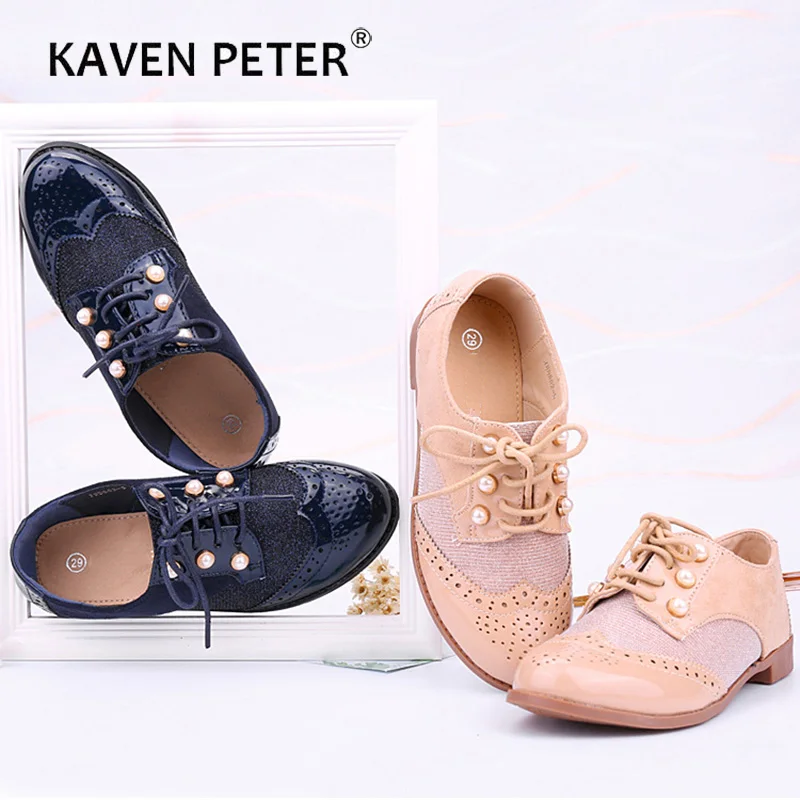 

Patent leather shoes kids Retro formal shoes with pearl boys girls school shoes casual sneaker blue apricot color size 25-36
