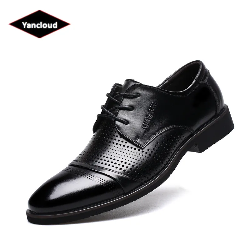 

2021 Summer Men's Genuine Leather Formal Shoes Fashion Breathable Black Brown Cut out Dress Shoes Male Oxfords Shoes