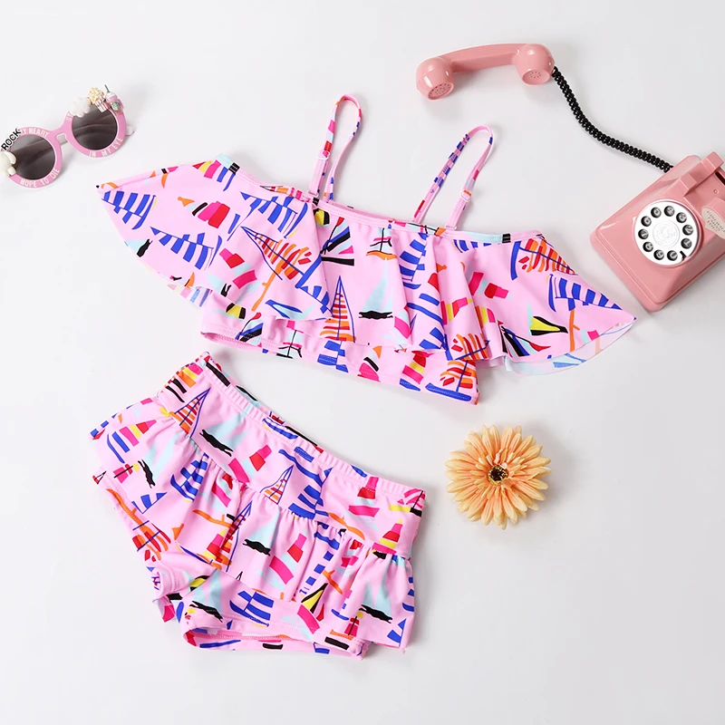 Розовый синий детский купальный костюм из двух предметов милый купальник-бикини