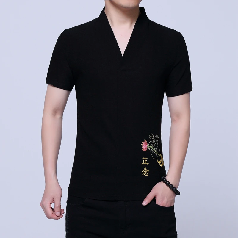 Футболка мужская с вышивкой в китайском стиле приталенная дизайнерская рубашка