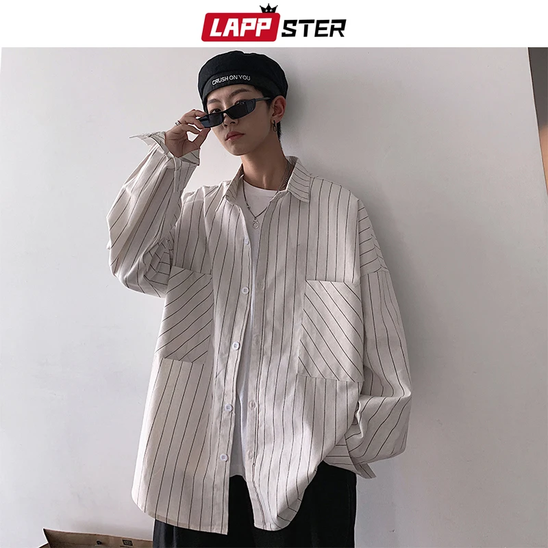 LAPPSTER Men Stiped Shirts Streetwear Casual Man Black Oversized Shirts White Harajuku Vintage Long Sleeve Shirt For Men