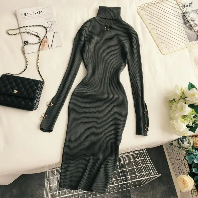 Платья.Осень зима теплый Высокий Воротник Pure одежда с длинным рукавом Высокая