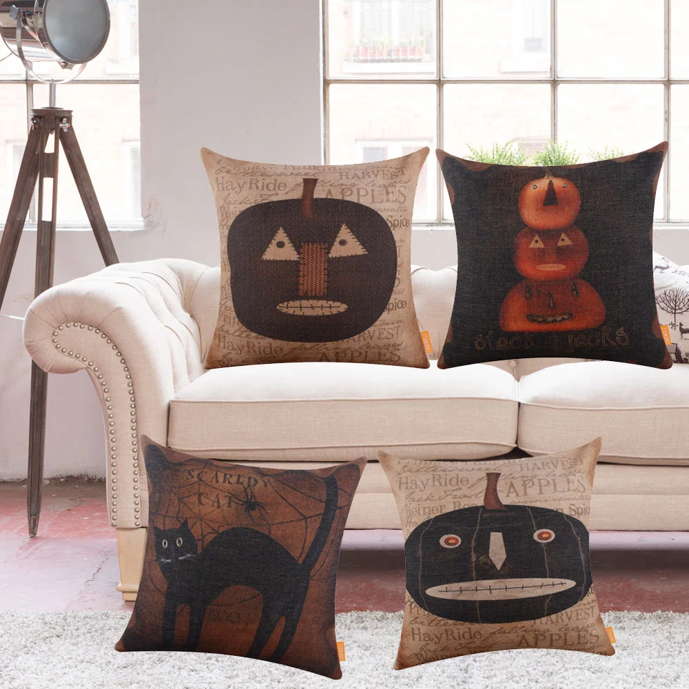 

LINKWELL Burlap Cushion Cover Seasonal Decoration Happy Halloween Black Cat Pumpkin Lantern Ghost 45X45cm Sofa Throw Pillow Case