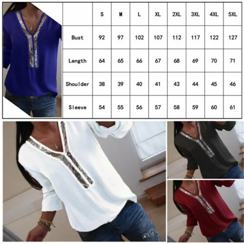 

5xl Plus Size Sexy Sequins Stitching Loose Blouse Women Long Sleeve Tops Elegant Shirts V-Neck Casual Blouses