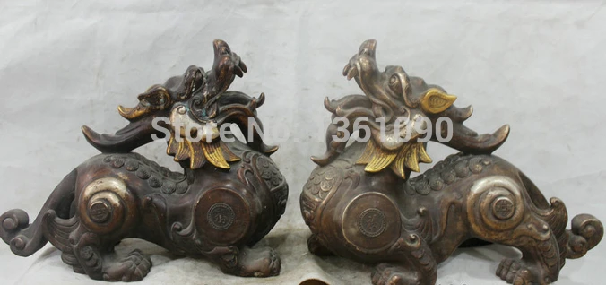 

xd 001070 14" Chinese Fengshui Bronze Silver Pi Xiu Beast Unicorn Statue sculpture Pair