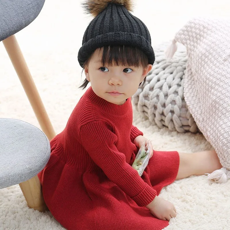 Christmas Wool Toddlers Dress 2018 Autumn Winter Girls Knitted Sweater Dresses Baby Grey Pink Red For Clothes | Детская одежда и