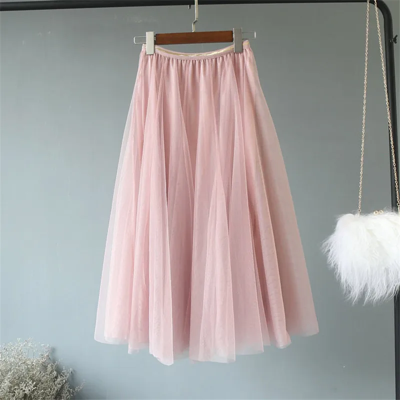 pink Модные женские туфли длинное Сетчатое платье-пачка Тюлевая юбка плюс Размеры однотонные Высокая талия юбка свободного кроя Макси плиссированные женские юбки Jupe C5506 - Цвет: pink