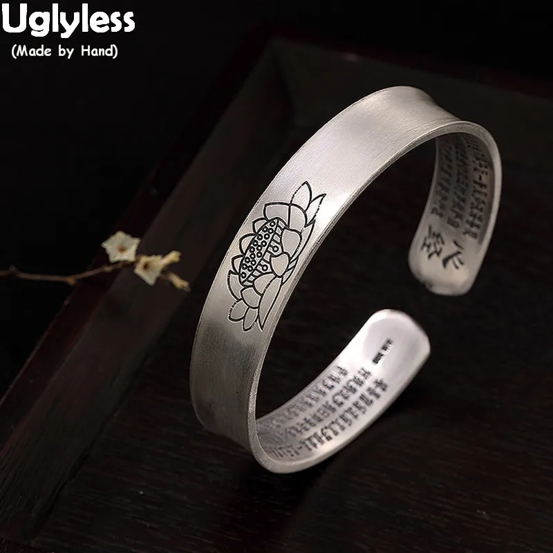 

Uglyless Heart Sutra Buddhism Wide Bangles for Women Solid 99.9% Full Silver Lotus Adjsutable Bangles Concave Convex Bracelets