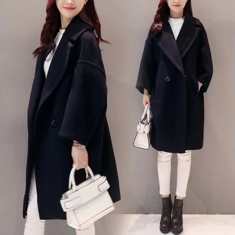 Женское шерстяное пальто-кокон свободное темно-синее пальто средней длины